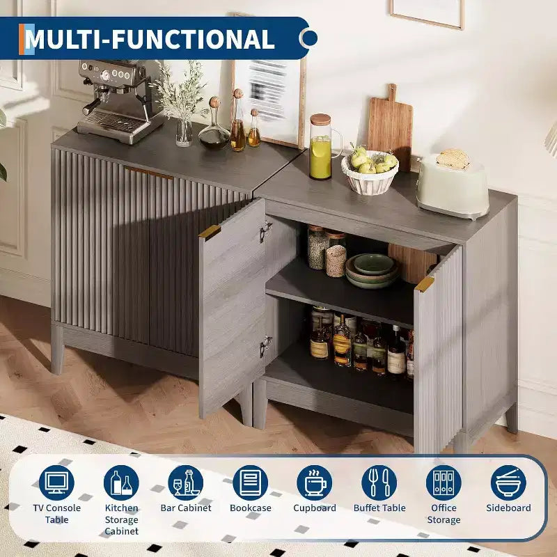 Acekool 32 Fluted Sideboard Cabinet, Buffet Storage with Adjustable Shelves, Mid-Century Modern Accent, Entryway or Kitchen