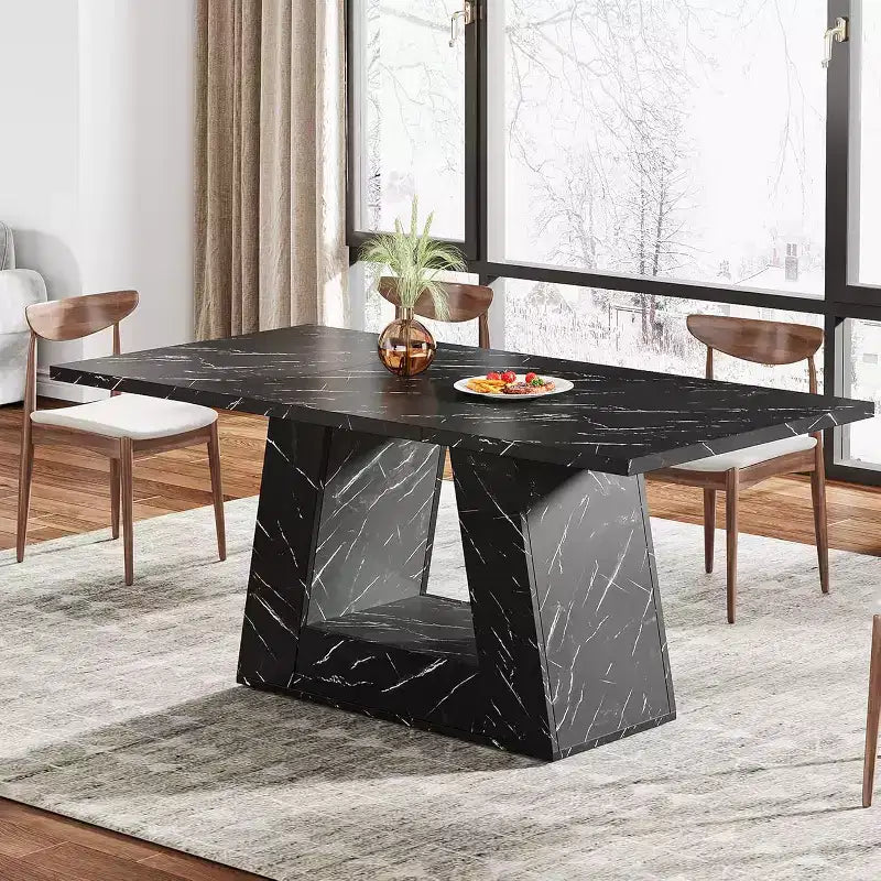 Lantine Dining Table for 4-6, 63Modern Wooden Faux Marble Dinner Table with Sturdy Base for Kitchen, Living Room, Black