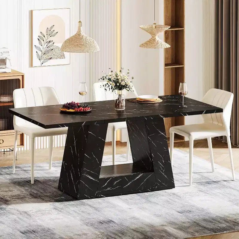 Lantine Dining Table for 4-6, 63Modern Wooden Faux Marble Dinner Table with Sturdy Base for Kitchen, Living Room, Black