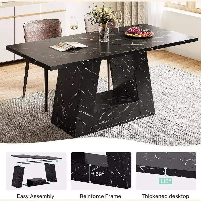Lantine Dining Table for 4-6, 63Modern Wooden Faux Marble Dinner Table with Sturdy Base for Kitchen, Living Room, Black