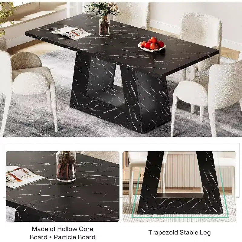 Lantine Dining Table for 4-6, 63Modern Wooden Faux Marble Dinner Table with Sturdy Base for Kitchen, Living Room, Black