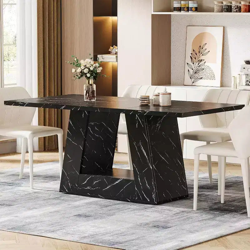 Lantine Dining Table for 4-6, 63Modern Wooden Faux Marble Dinner Table with Sturdy Base for Kitchen, Living Room, Black
