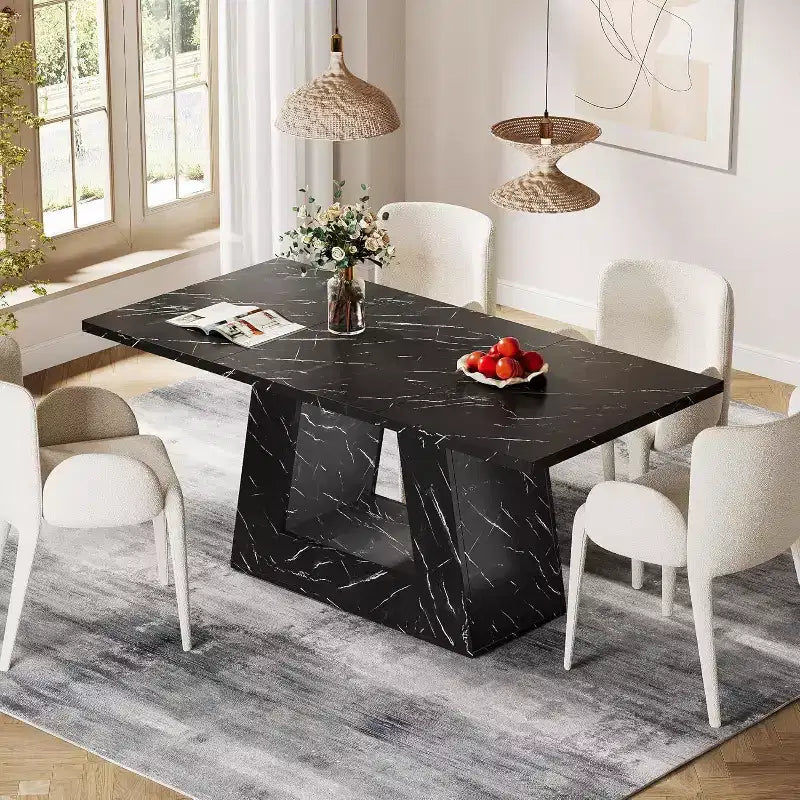 Lantine Dining Table for 4-6, 63Modern Wooden Faux Marble Dinner Table with Sturdy Base for Kitchen, Living Room, Black