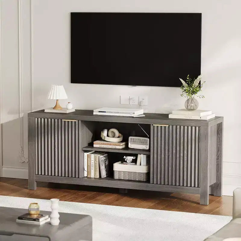 TV Stand 65 Inches, Mid Century Modern TV Entertainment Center with Storage Cabinets & Open Shelves, Wood TV Cabinet for Living Room