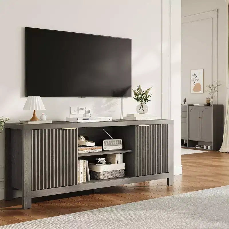 TV Stand 65 Inches, Mid Century Modern TV Entertainment Center with Storage Cabinets & Open Shelves, Wood TV Cabinet for Living Room