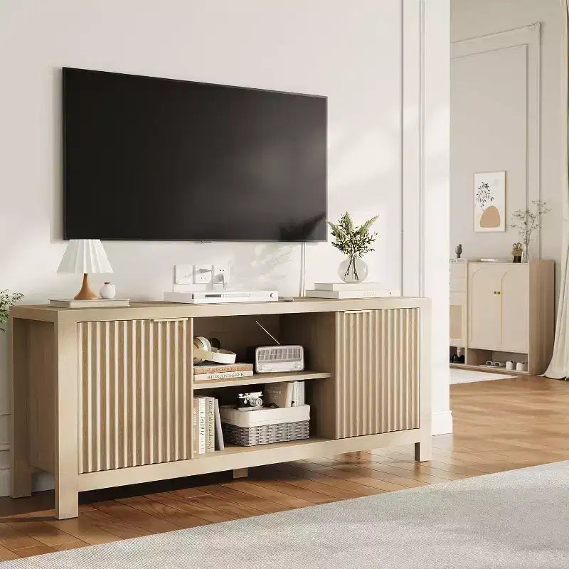 TV Stand 65 Inches, Mid Century Modern TV Entertainment Center with Storage Cabinets & Open Shelves, Wood TV Cabinet for Living Room