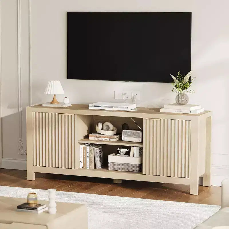 TV Stand 65 Inches, Mid Century Modern TV Entertainment Center with Storage Cabinets & Open Shelves, Wood TV Cabinet for Living Room
