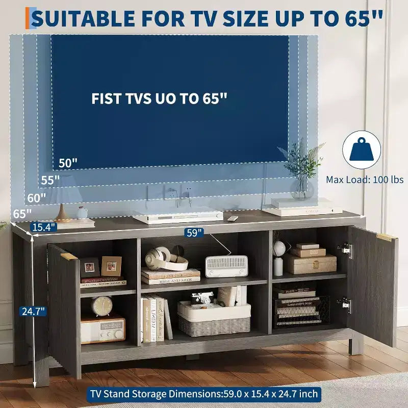 TV Stand 65 Inches, Mid Century Modern TV Entertainment Center with Storage Cabinets & Open Shelves, Wood TV Cabinet for Living Room