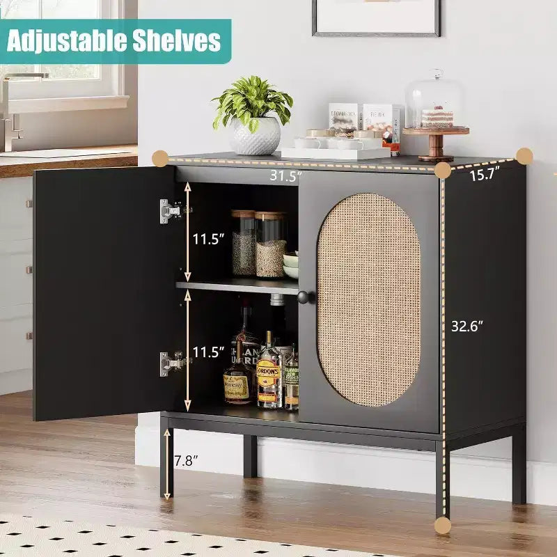 Acekool 2-Pack Rattan Sideboards with Adjustable Shelves, Kitchen Cabinets with Worktop for Living Room, Hallway, Dining Area