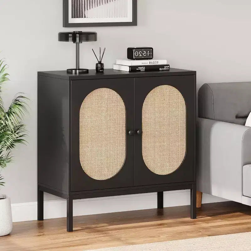 Acekool 2-Pack Rattan Sideboards with Adjustable Shelves, Kitchen Cabinets with Worktop for Living Room, Hallway, Dining Area