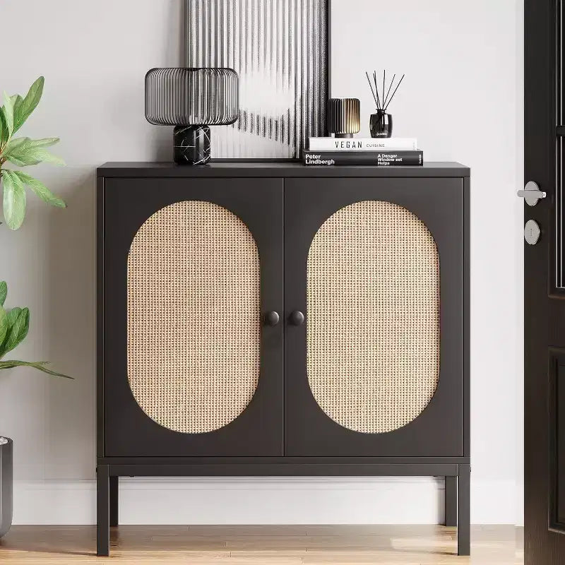 Acekool 2-Pack Rattan Sideboards with Adjustable Shelves, Kitchen Cabinets with Worktop for Living Room, Hallway, Dining Area