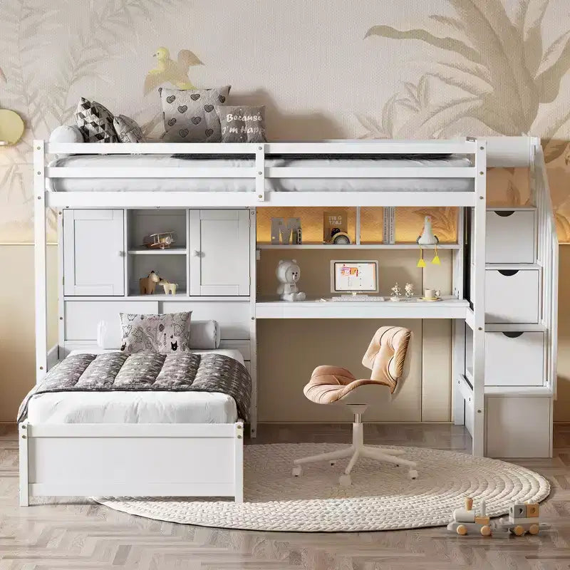 Wood Twin Size Bunk Bed with Desk and Staircase, L-Shaped Twin over Twin Loft Bed with Storage Compartments and Shelves