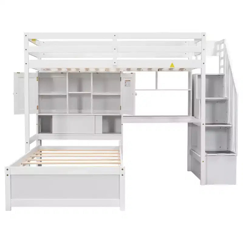 Wood Twin Size Bunk Bed with Desk and Staircase, L-Shaped Twin over Twin Loft Bed with Storage Compartments and Shelves