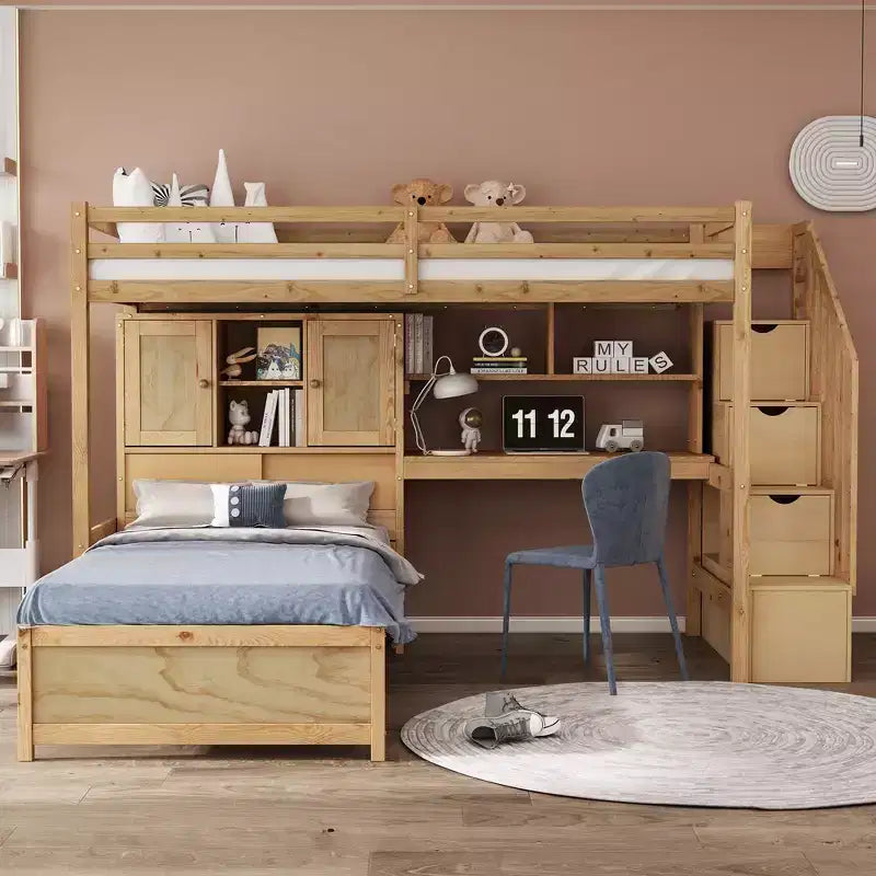 Wood Twin Size Bunk Bed with Desk and Staircase, L-Shaped Twin over Twin Loft Bed with Storage Compartments and Shelves