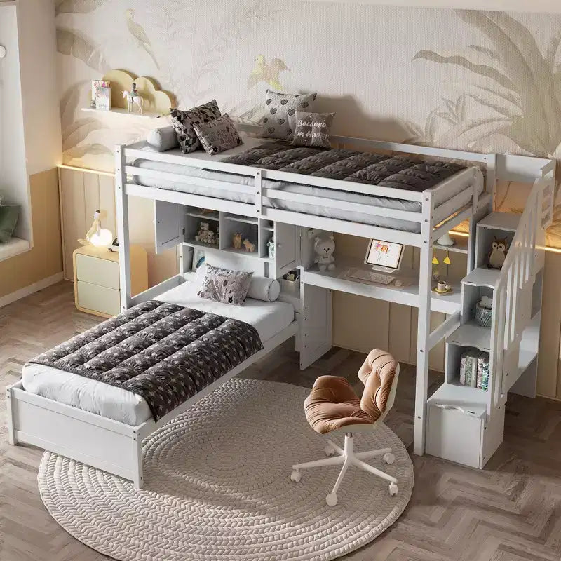 Wood Twin Size Bunk Bed with Desk and Staircase, L-Shaped Twin over Twin Loft Bed with Storage Compartments and Shelves