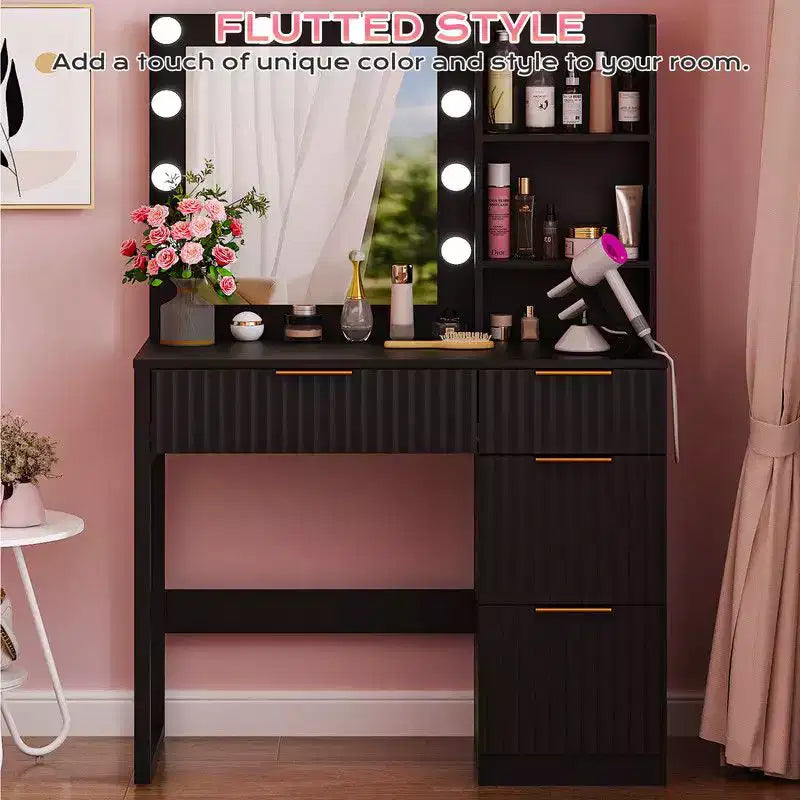 White Particle Board Veneered with Textured Melamine 4-drawer 2-shelf with 10 Three-color Dimmable Bulbs with Power Strip Dressing Table