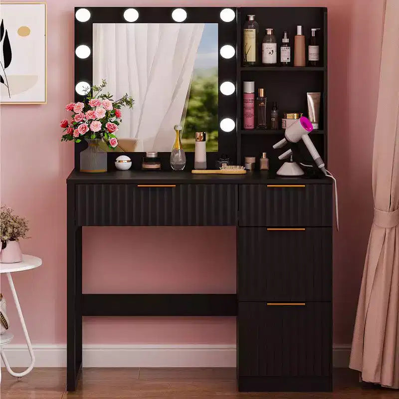 White Particle Board Veneered with Textured Melamine 4-drawer 2-shelf with 10 Three-color Dimmable Bulbs with Power Strip Dressing Table