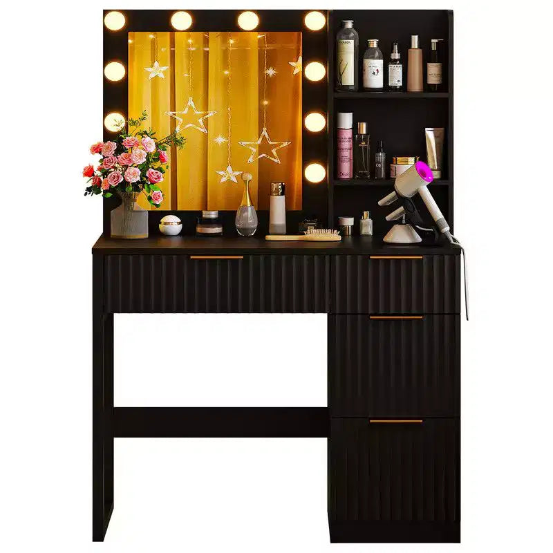 White Particle Board Veneered with Textured Melamine 4-drawer 2-shelf with 10 Three-color Dimmable Bulbs with Power Strip Dressing Table
