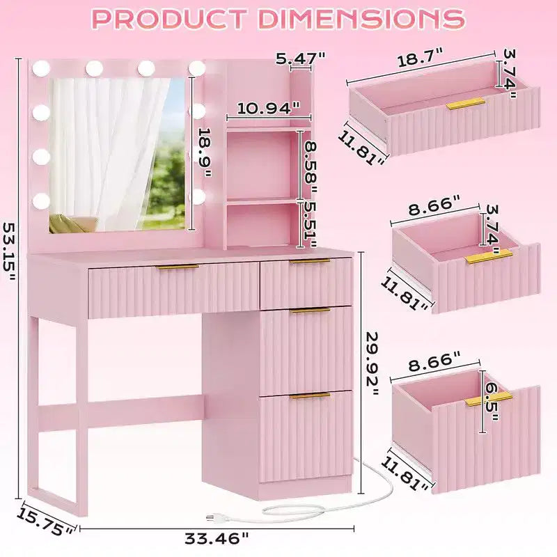 White Particle Board Veneered with Textured Melamine 4-drawer 2-shelf with 10 Three-color Dimmable Bulbs with Power Strip Dressing Table