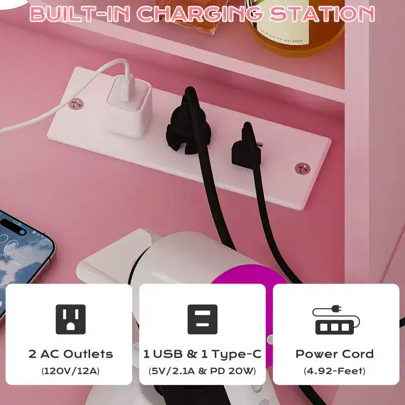 White Particle Board Veneered with Textured Melamine 4-drawer 2-shelf with 10 Three-color Dimmable Bulbs with Power Strip Dressing Table