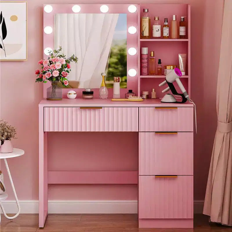 White Particle Board Veneered with Textured Melamine 4-drawer 2-shelf with 10 Three-color Dimmable Bulbs with Power Strip Dressing Table