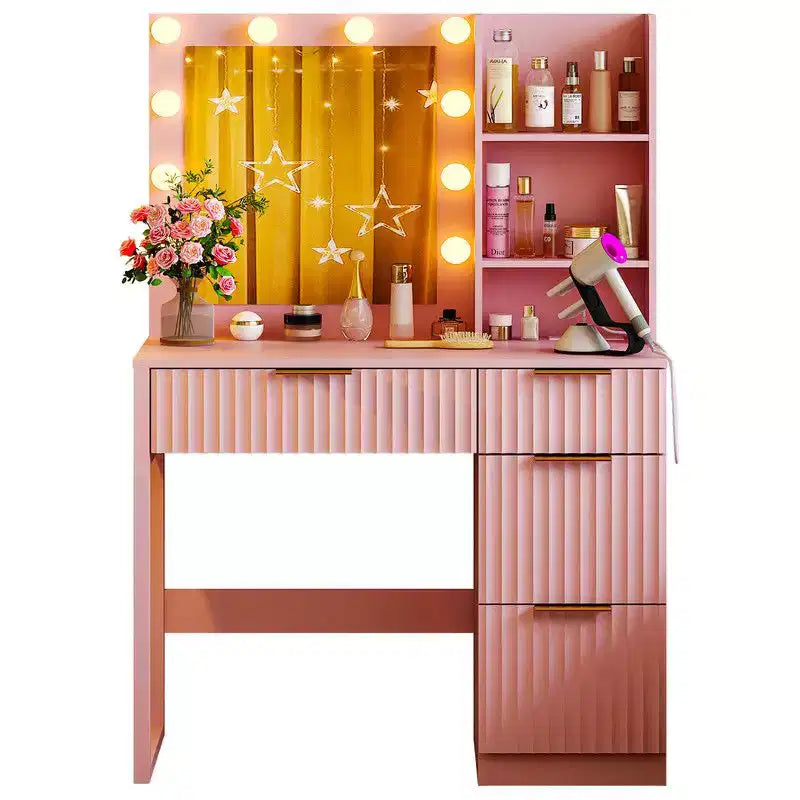 White Particle Board Veneered with Textured Melamine 4-drawer 2-shelf with 10 Three-color Dimmable Bulbs with Power Strip Dressing Table