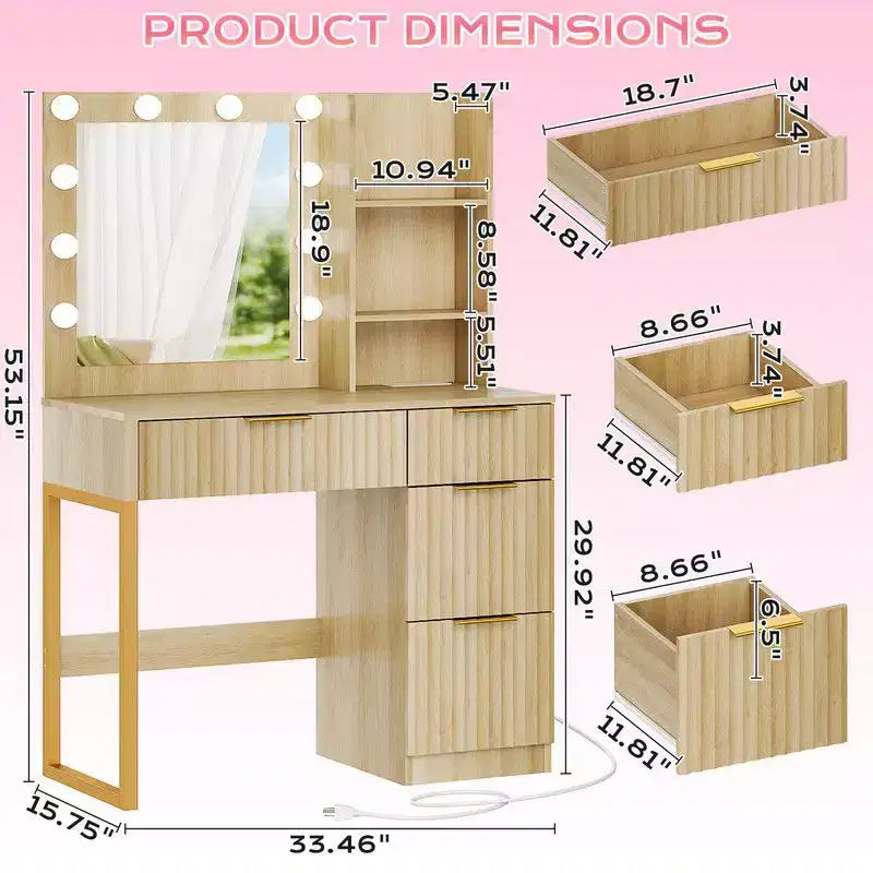 White Particle Board Veneered with Textured Melamine 4-drawer 2-shelf with 10 Three-color Dimmable Bulbs with Power Strip Dressing Table