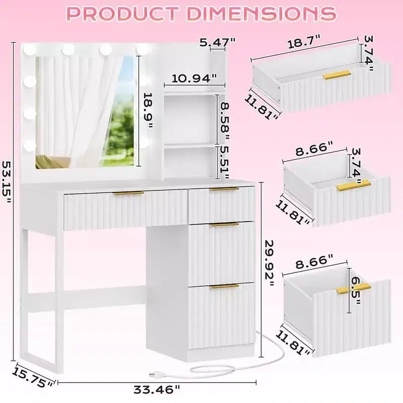 White Particle Board Veneered with Textured Melamine 4-drawer 2-shelf with 10 Three-color Dimmable Bulbs with Power Strip Dressing Table