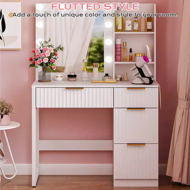 White Particle Board Veneered with Textured Melamine 4-drawer 2-shelf with 10 Three-color Dimmable Bulbs with Power Strip Dressing Table