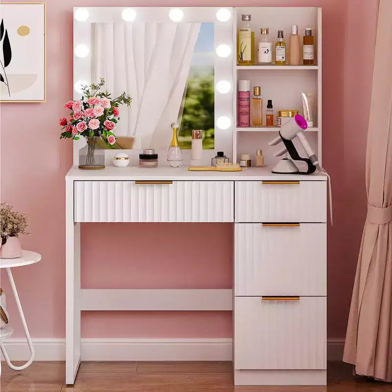 White Particle Board Veneered with Textured Melamine 4-drawer 2-shelf with 10 Three-color Dimmable Bulbs with Power Strip Dressing Table