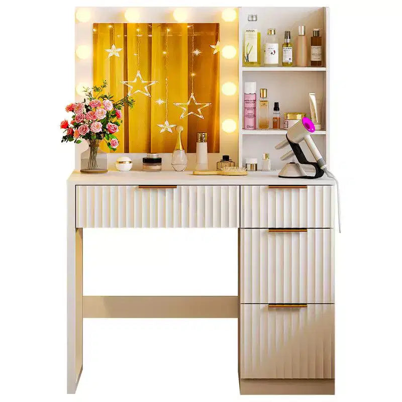 White Particle Board Veneered with Textured Melamine 4-drawer 2-shelf with 10 Three-color Dimmable Bulbs with Power Strip Dressing Table