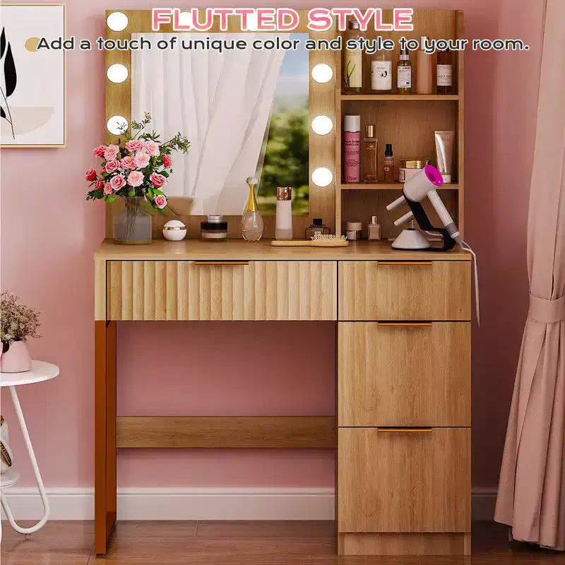 White Particle Board Veneered with Textured Melamine 4-drawer 2-shelf with 10 Three-color Dimmable Bulbs with Power Strip Dressing Table