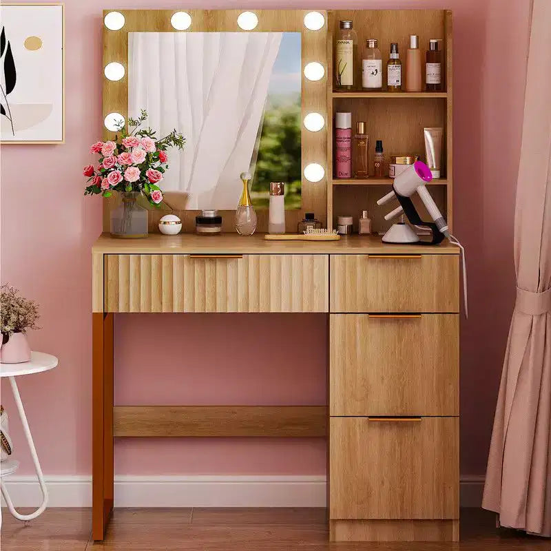White Particle Board Veneered with Textured Melamine 4-drawer 2-shelf with 10 Three-color Dimmable Bulbs with Power Strip Dressing Table