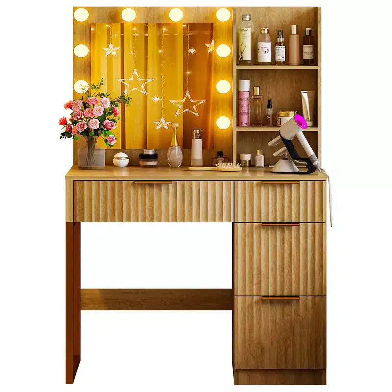 White Particle Board Veneered with Textured Melamine 4-drawer 2-shelf with 10 Three-color Dimmable Bulbs with Power Strip Dressing Table
