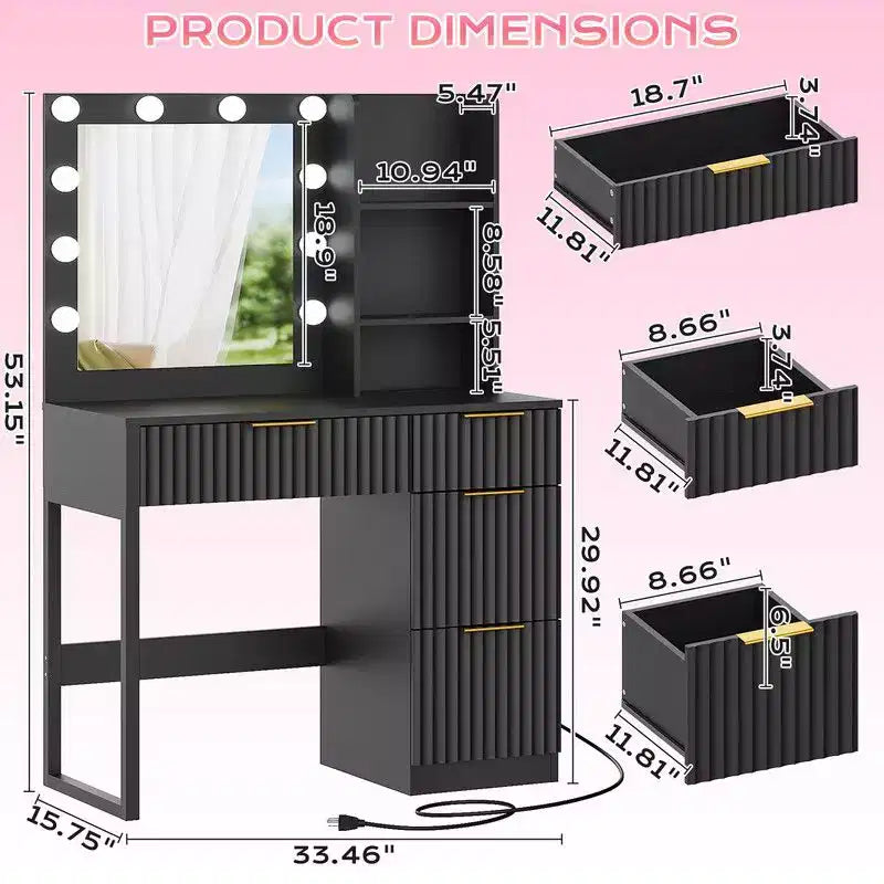 White Particle Board Veneered with Textured Melamine 4-drawer 2-shelf with 10 Three-color Dimmable Bulbs with Power Strip Dressing Table