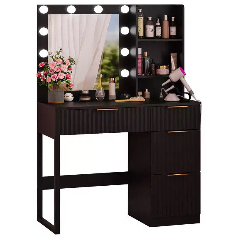 White Particle Board Veneered with Textured Melamine 4-drawer 2-shelf with 10 Three-color Dimmable Bulbs with Power Strip Dressing Table