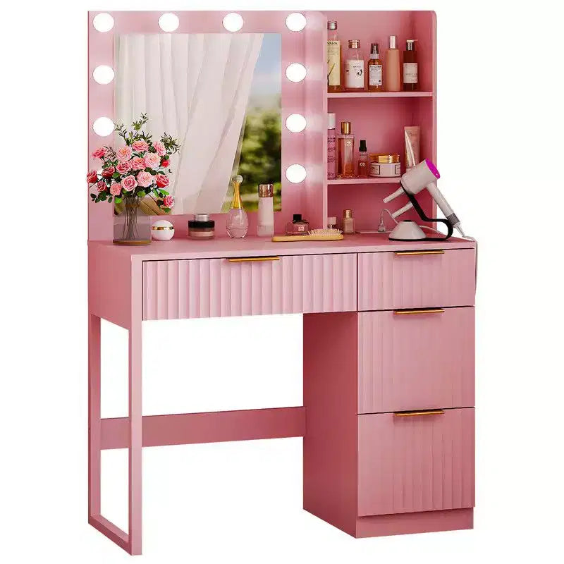 White Particle Board Veneered with Textured Melamine 4-drawer 2-shelf with 10 Three-color Dimmable Bulbs with Power Strip Dressing Table