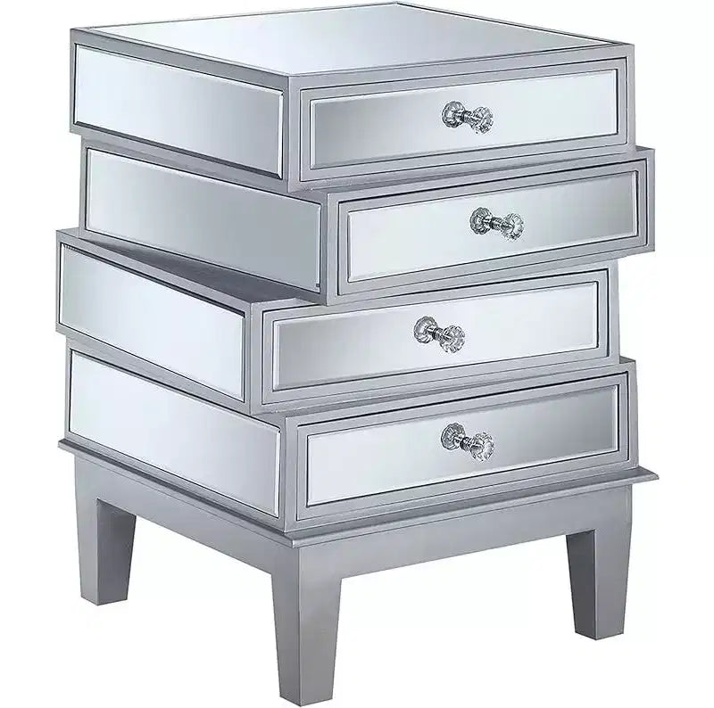 HomeStock Belmont Mirrored End Table with Four Drawers, Contemporary Accent Table with Crystal Knobs and Glass Panels for Living Room Storage