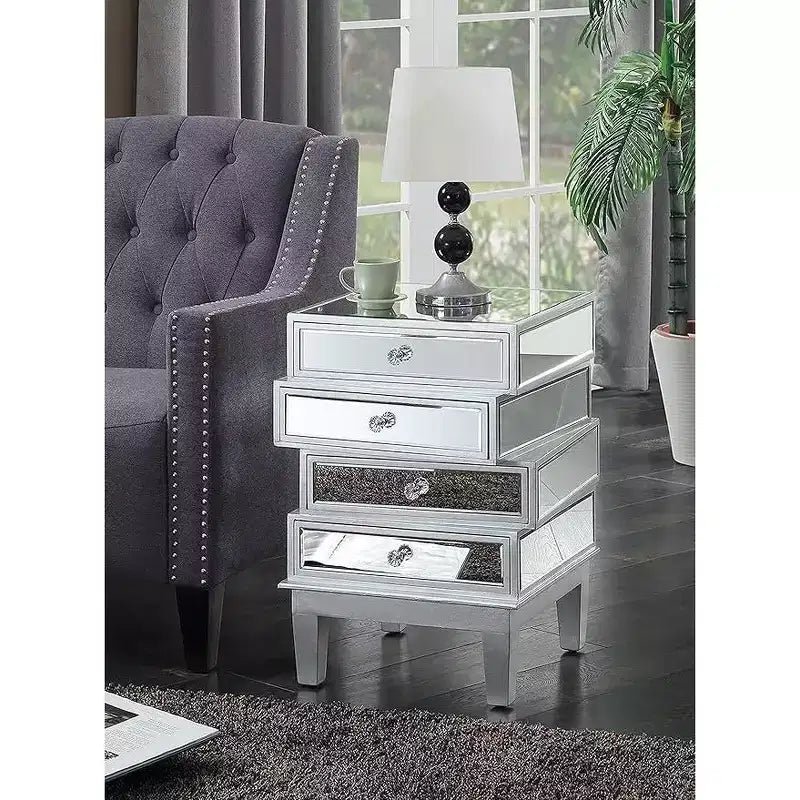 HomeStock Belmont Mirrored End Table with Four Drawers, Contemporary Accent Table with Crystal Knobs and Glass Panels for Living Room Storage
