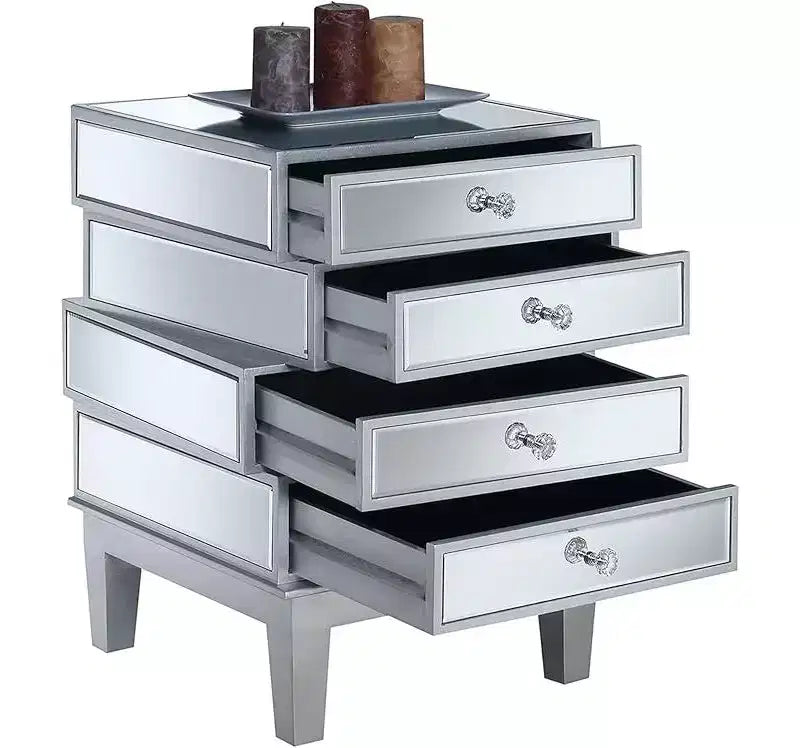 HomeStock Belmont Mirrored End Table with Four Drawers, Contemporary Accent Table with Crystal Knobs and Glass Panels for Living Room Storage