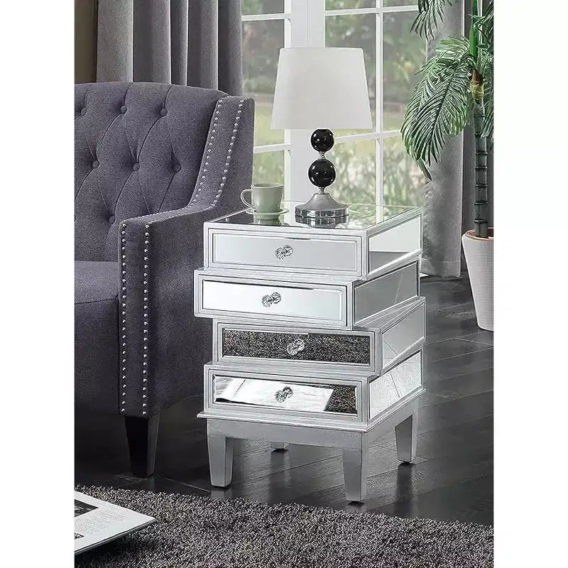 HomeStock Belmont Mirrored End Table with Four Drawers, Contemporary Accent Table with Crystal Knobs and Glass Panels for Living Room Storage
