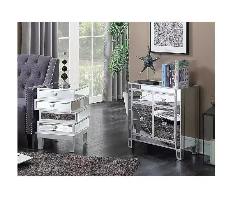 HomeStock Belmont Mirrored End Table with Four Drawers, Contemporary Accent Table with Crystal Knobs and Glass Panels for Living Room Storage