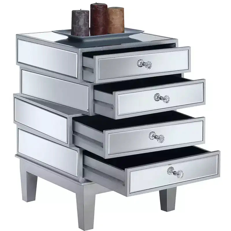 HomeStock Belmont Mirrored End Table with Four Drawers, Contemporary Accent Table with Crystal Knobs and Glass Panels for Living Room Storage