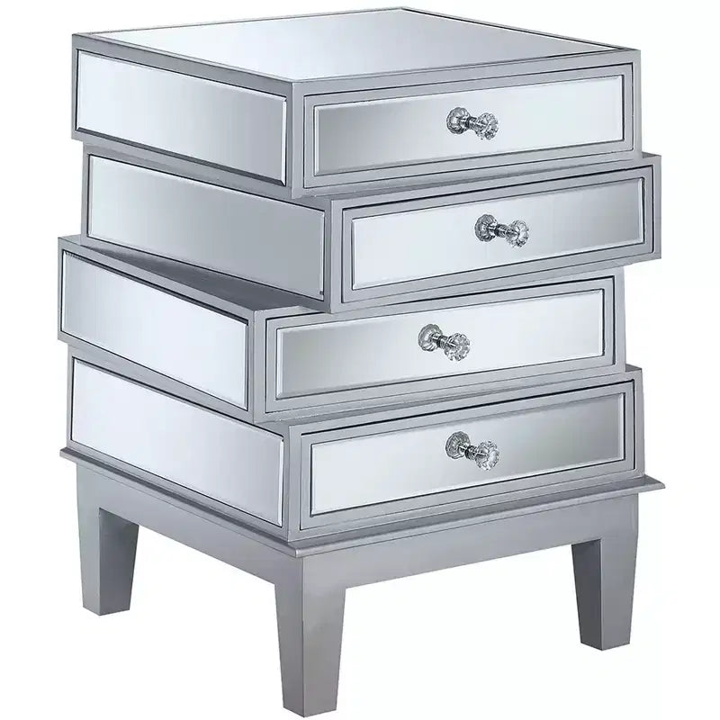HomeStock Belmont Mirrored End Table with Four Drawers, Contemporary Accent Table with Crystal Knobs and Glass Panels for Living Room Storage