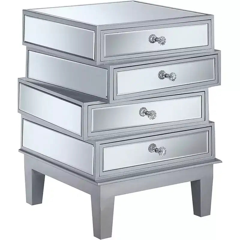 HomeStock Belmont Mirrored End Table with Four Drawers, Contemporary Accent Table with Crystal Knobs and Glass Panels for Living Room Storage