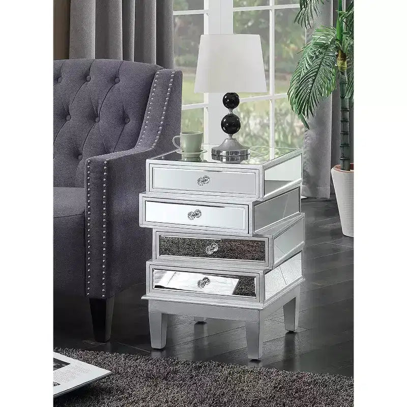 HomeStock Belmont Mirrored End Table with Four Drawers, Contemporary Accent Table with Crystal Knobs and Glass Panels for Living Room Storage