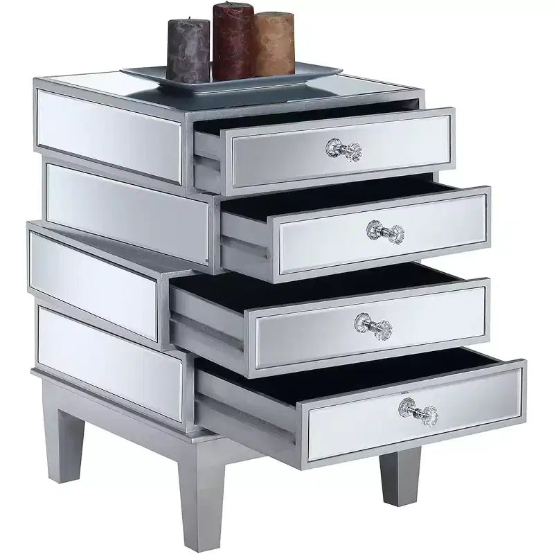 HomeStock Belmont Mirrored End Table with Four Drawers, Contemporary Accent Table with Crystal Knobs and Glass Panels for Living Room Storage