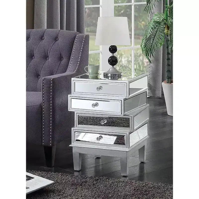 HomeStock Belmont Mirrored End Table with Four Drawers, Contemporary Accent Table with Crystal Knobs and Glass Panels for Living Room Storage