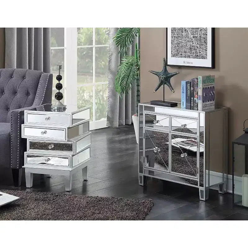 HomeStock Belmont Mirrored End Table with Four Drawers, Contemporary Accent Table with Crystal Knobs and Glass Panels for Living Room Storage
