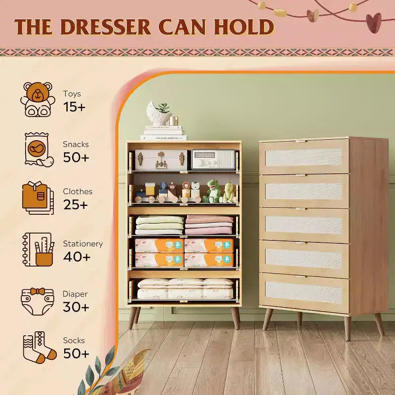 GALAXHERO 5-Drawer Tall Wooden Dresser - Storage Organizer with Metal Handles for Bedroom, Living Room, Hallway & Closet,White